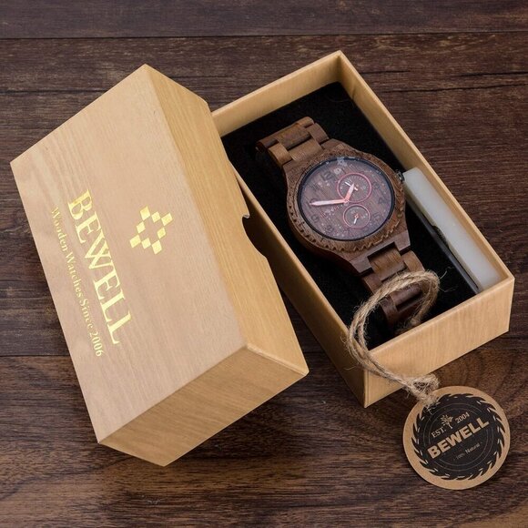 ✨ Bewell Analog Quartz Men Brown Retro Handcraft Lightweight Wooden Wristwatch - Picture 6 of 6